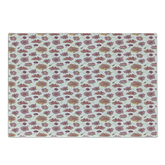 Lotus Flower Cutting Board, Pattern with Pink Blossoms in Hand Drawn Style Buds and Leaves, Decorative Tempered Glass Cutting and Serving Board, in 3 Sizes, by Ambesonne