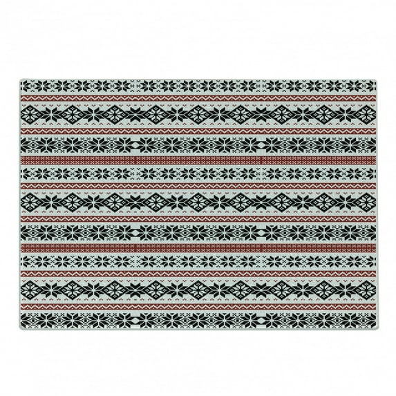 Nordic Cutting Board, Scandinavian Style Norwegian Ornamental Winter Motif Silhouettes Traditional, Decorative Tempered Glass Cutting and Serving Board, Small Size, Ruby Black White, by Ambesonne