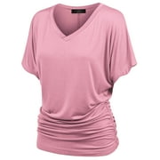 Made by Johnny V Neck Short Sleeve Dolman Top with Side Shirring M PINK