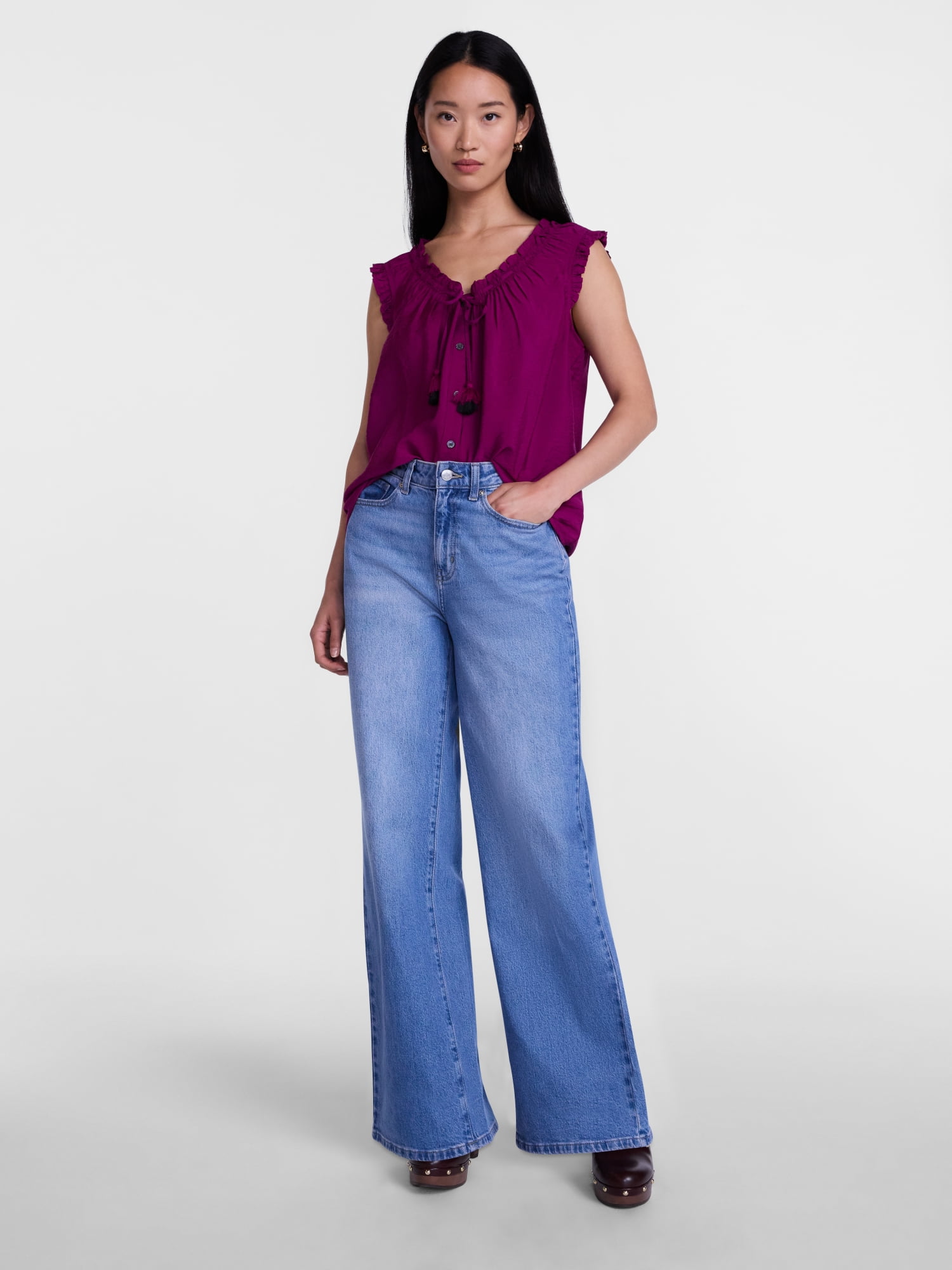 Scenario Women's and Women's Plus Ruffle Neck Tank Top with Tie Front, Sizes XS-4X