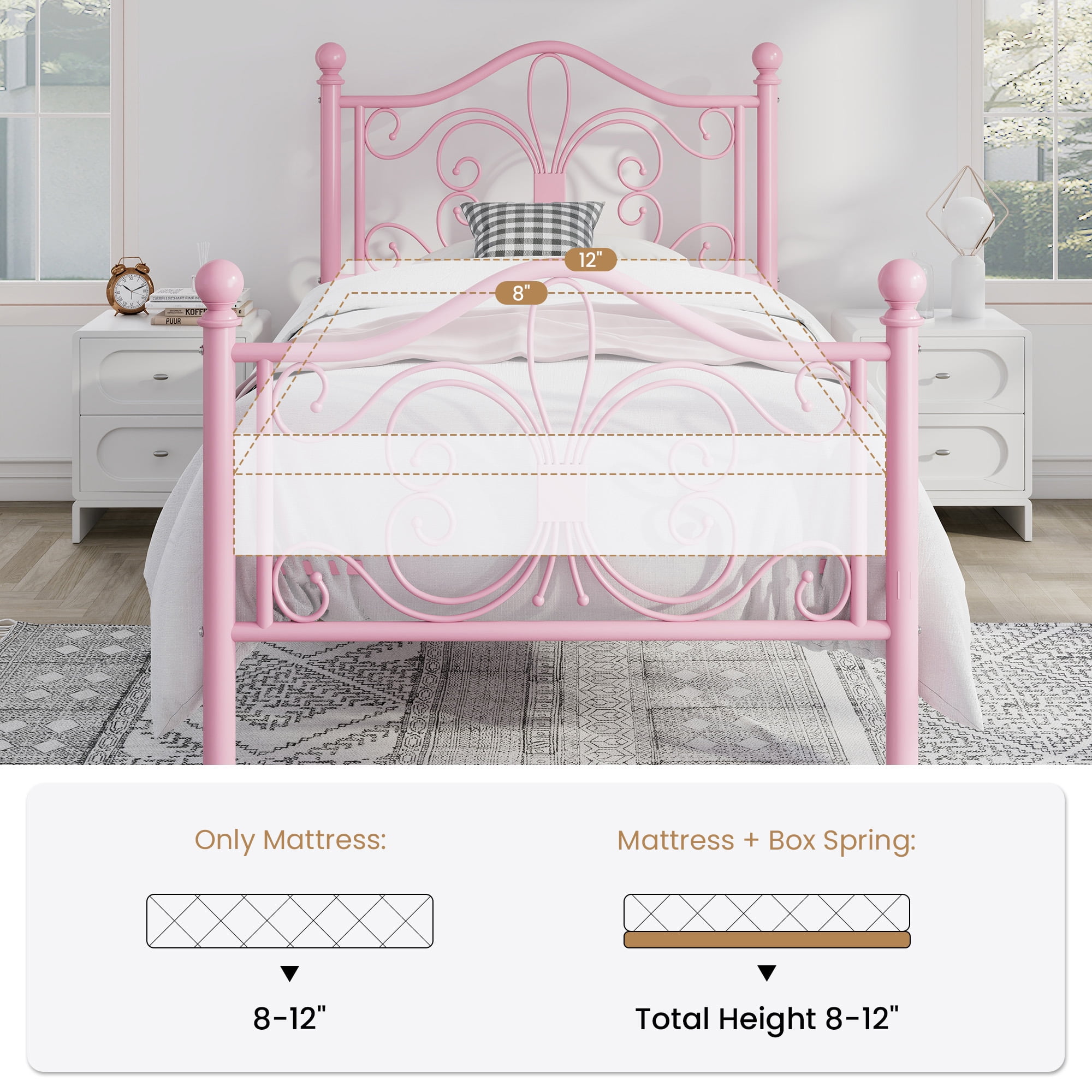 Sha Cerlin Twin Size Metal Platform Bed Frame with Victorian Vintage Butterfly Headboard&Footboard, Pink