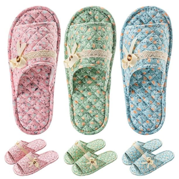 House Slippers biroris de algodón con estampado floral para mujer, 3 pares