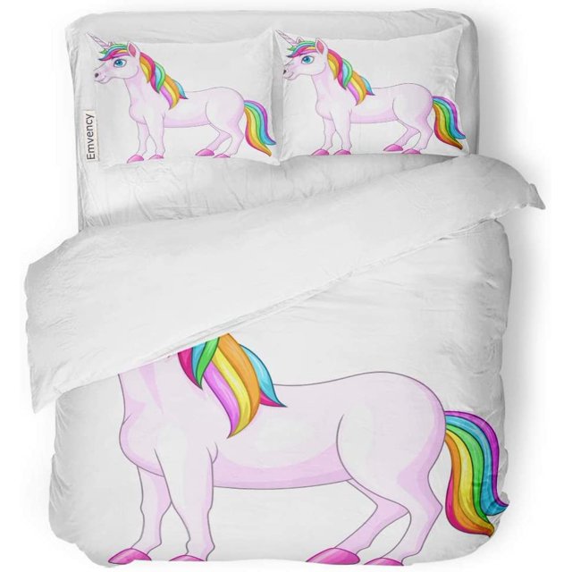 ABPHQTO Juego de ropa de cama de 3 piezas Rosa Adorable Dibujos animados Arco iris Unicornio Caballo Púrpura Hermosa belleza Funda nórdica con 2 fundas de almohada