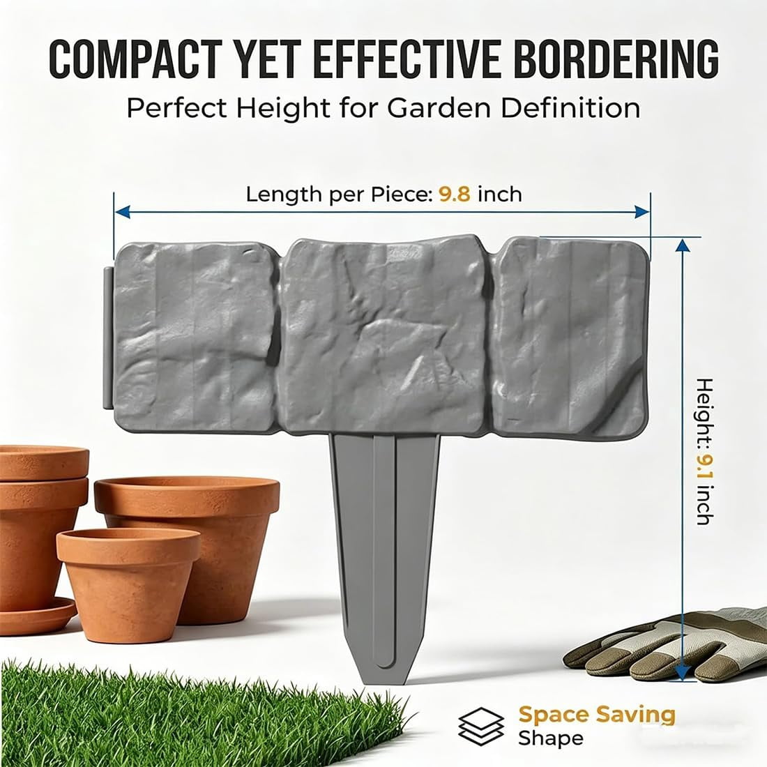 Plastic Garden Retaining Fence with Stakes, No Dig Plastic Garden Edging Border, Interlocking Imitation Stone Garden Fence with Shovel for Flower Bed, Outdoor Yard Patio