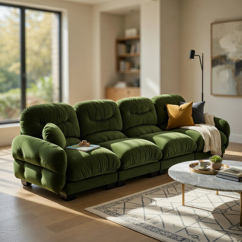 Hommoo Chenille 4-Seat Modular Sofa with Pleated Back Design, Ergonomic High-Density Foam Cushions, Curved Armrests & 2 Round Throw Pillows, Modern Living Room Sectional, Green