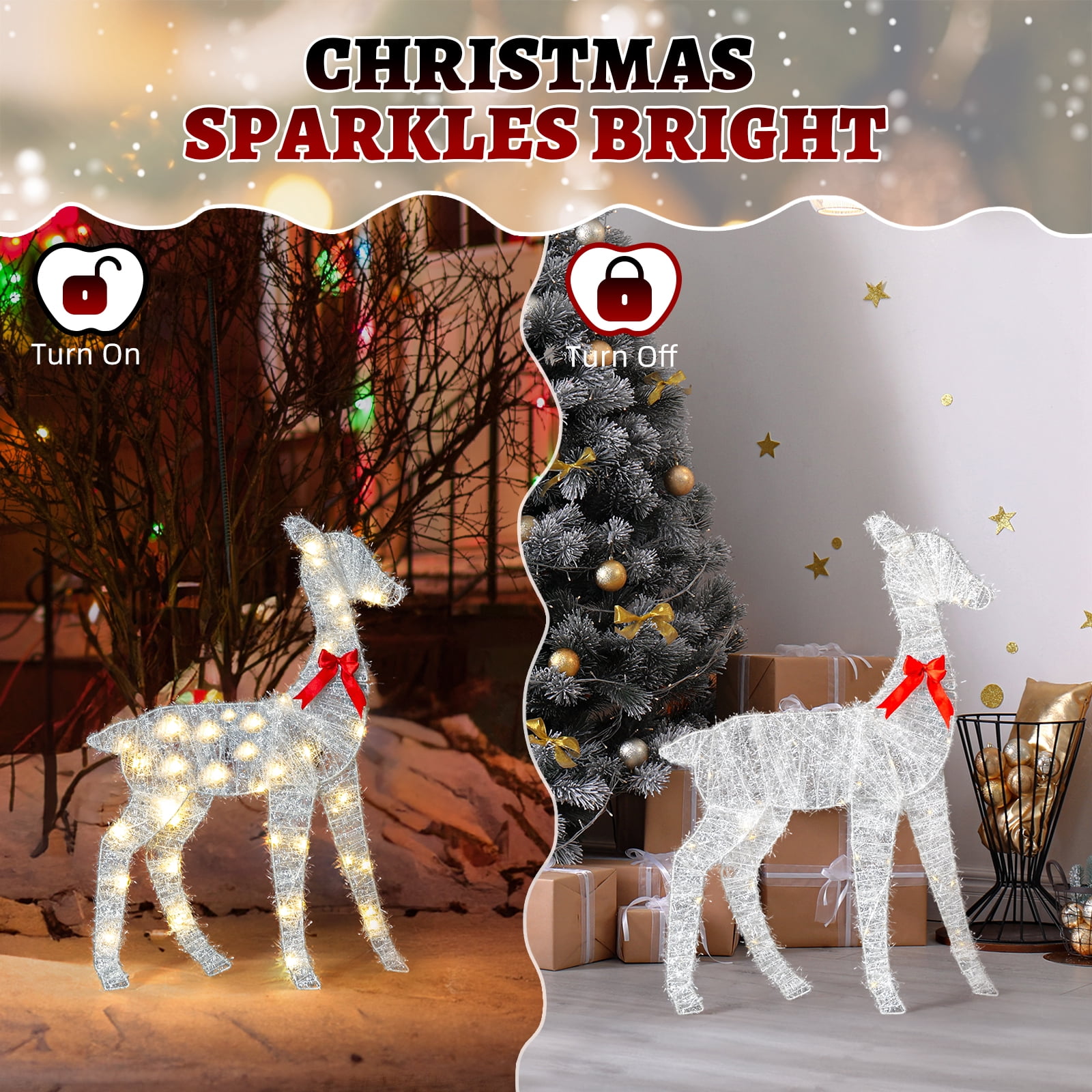 Astoutdoor 3-Piece Lighted Tinsel Christmas Reindeer Family Set, Pre-Lit 110 LED Warm White Lights, White, 2.4 ft