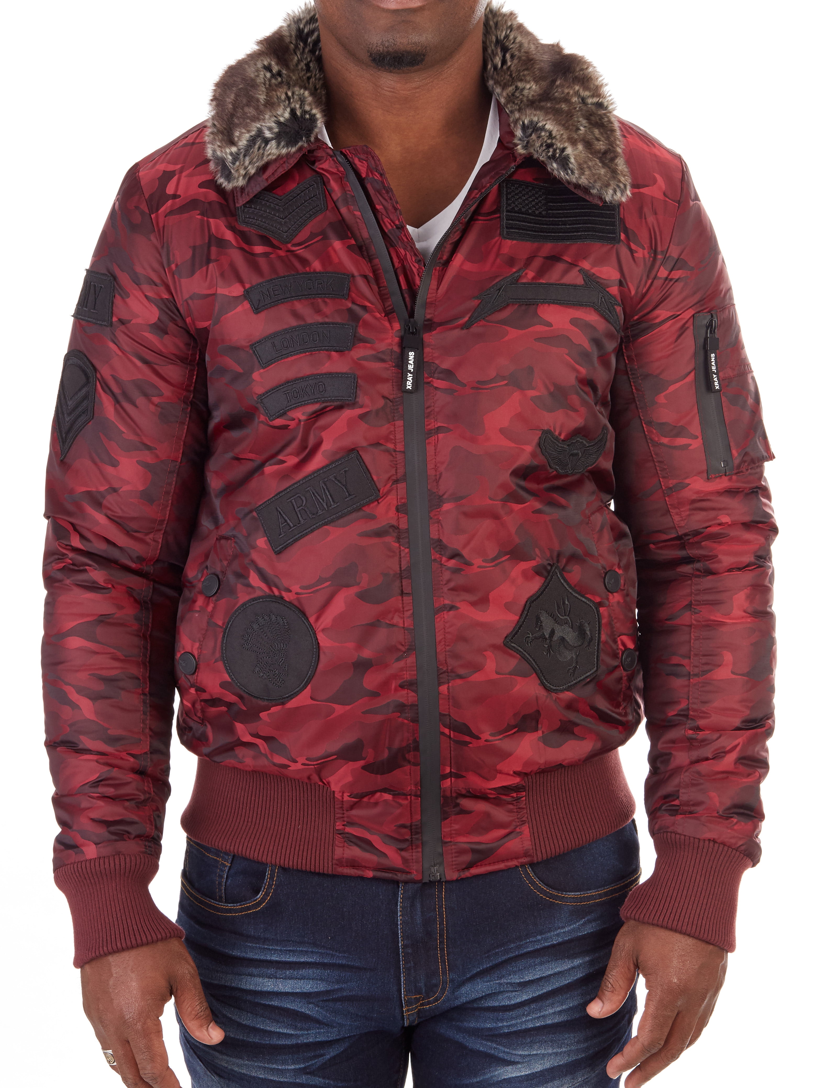 X Ray Jeans XRAY Men's Patched Flight Jacket With Removable Faux Fur