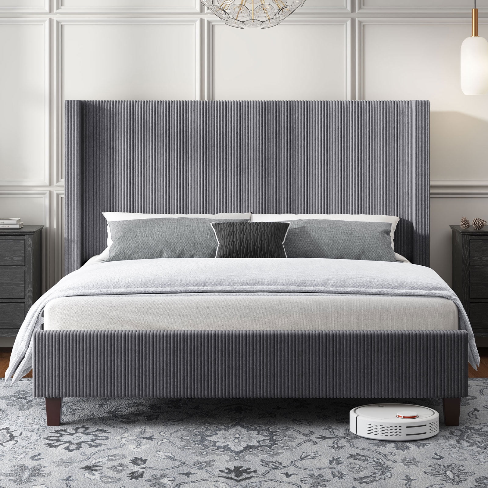 VanAcc King Size Upholstered Platform Bed Frame, Wingback Bed with 50.8" Headboard, Corduroy