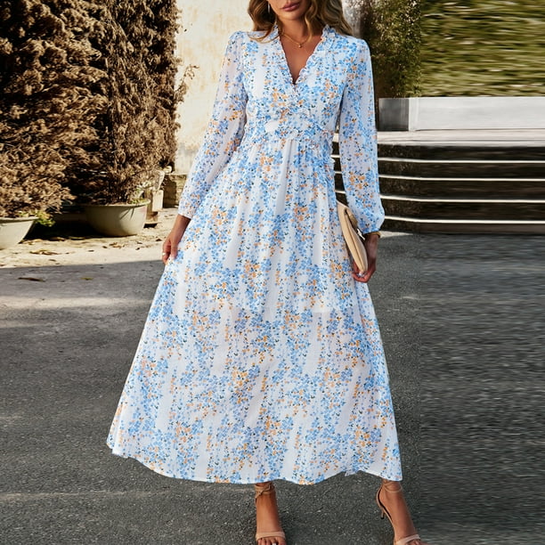 Vestido Vestido de línea A para mujer, vestido elegante de gasa con abertura lateral, vestido largo de vacaciones con estampado floral Kuymtek Blanco T M para Mujer