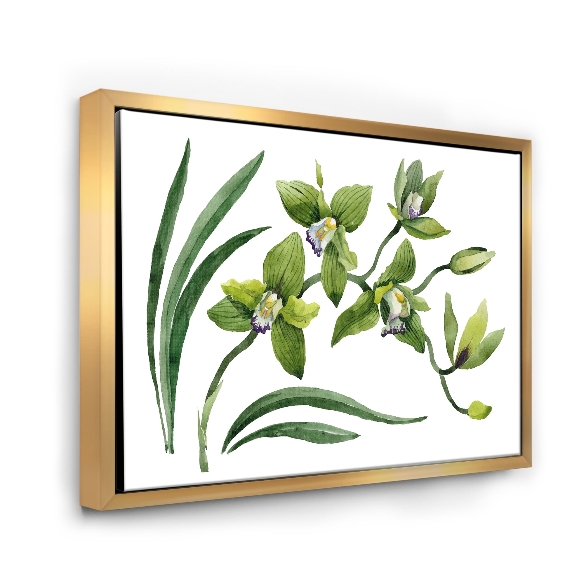 Green Orchid Flowers On White 32 in x 24 in Framed Painting Canvas Art Print, by Designart
