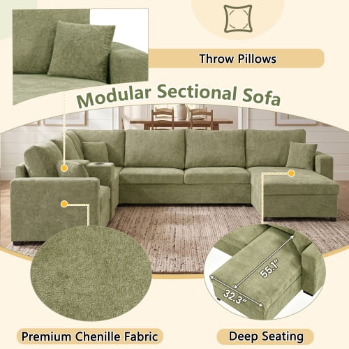 134" U-Shape Modular Sectional Sofa, 5-Seat Couch with Chaise Lounge, Deep Seat, Built-In Cup Holders, Storage Drawer and Pillows, Green