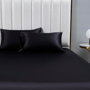 ANMINY Satin Sheets Full Silk Sheets Black Bed Sheet Set Deep Pocket Bed Flat Fitted Sheet, 4-Pieces