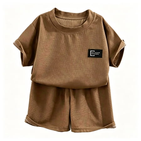 Glisme Toddler Girls Outfit Set Letter Print Short Sleeve Crew Neck Tops With Solid Color Shorts Outfit Summer Smooth Girls Set Size 10-11 Years Coffee