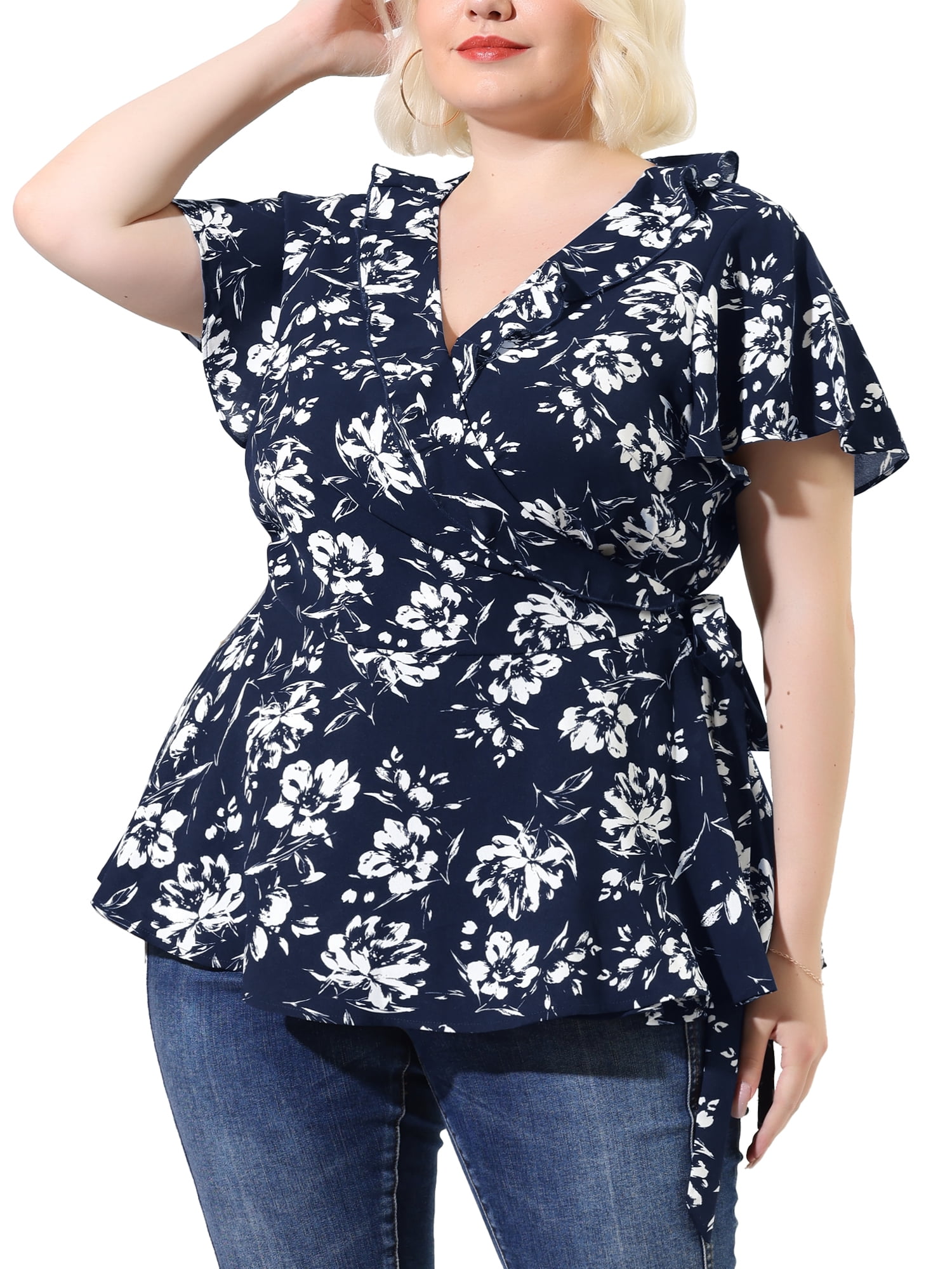 Plus Size Floral Tunic Agnes Orinda Women's Plus Size Floral Tassel Hem Short Sleeves Square Neck Casual Blouses 4X Navy Blue Tie Dye Floral Animal Print Tops