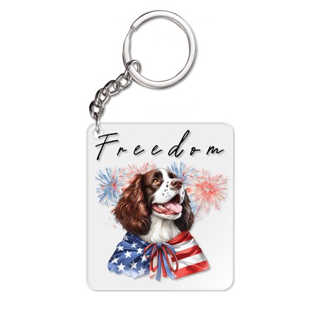 Freedom English Springer Spaniel on Independence Day 4th of July Acrylic Keychain Springers Dog Lover Gifts Collar Charm Tag Keyring - 01005