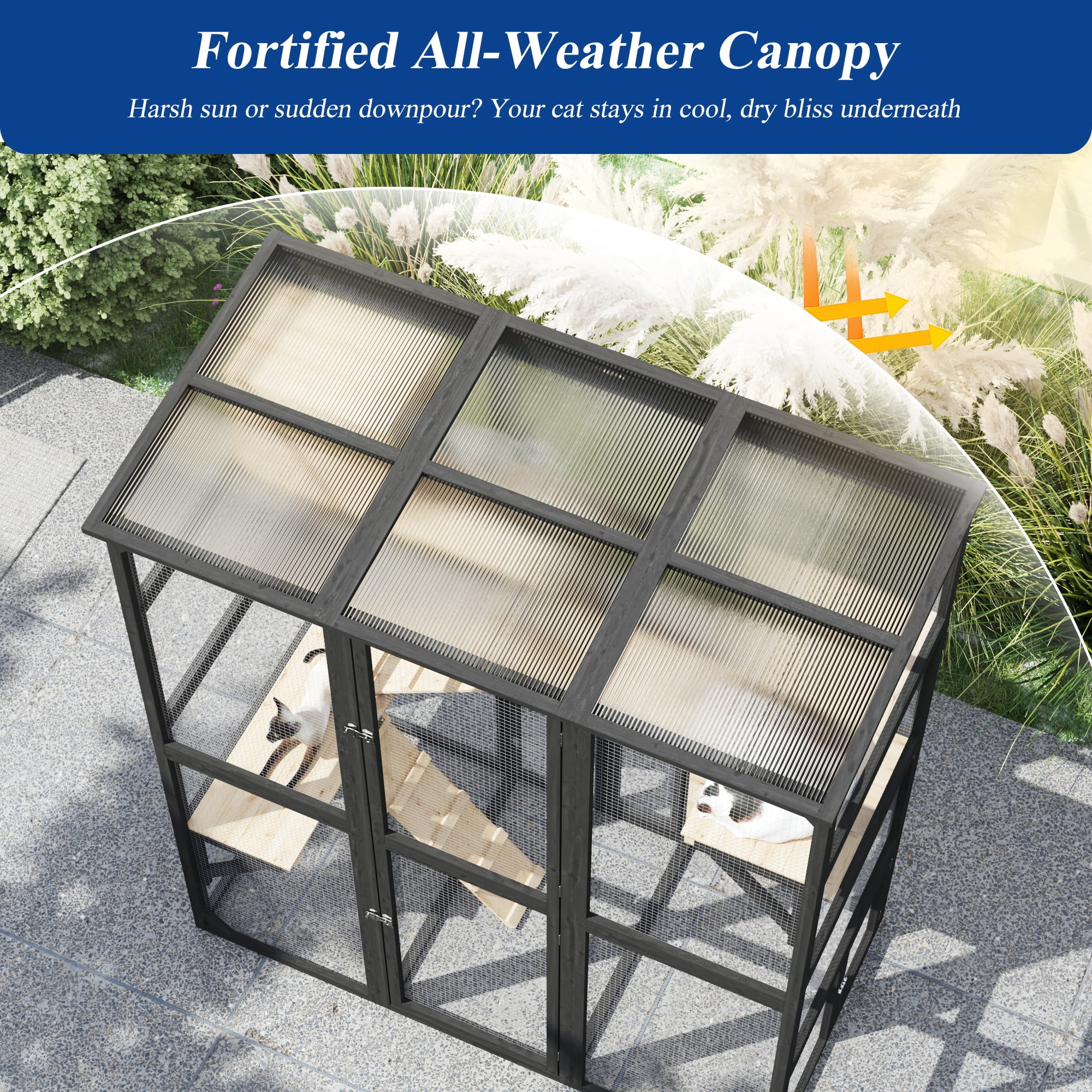ANPOO 63''Luxury Walk-In Outdoor Catio, Large Wooden Cat Enclosure with Sloped Weatherproof Roof, Multi-Level Cat House with Cat Condo, Sisal Post & Ramps, Escape-Proof Cat Cage for Multiple Cats