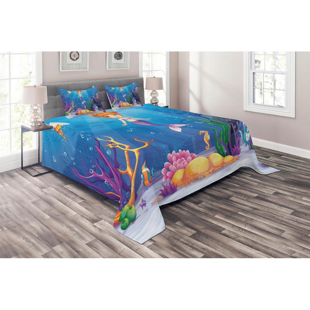 Mermaid Coverlet Set King Size, Magical Underwater World with Little