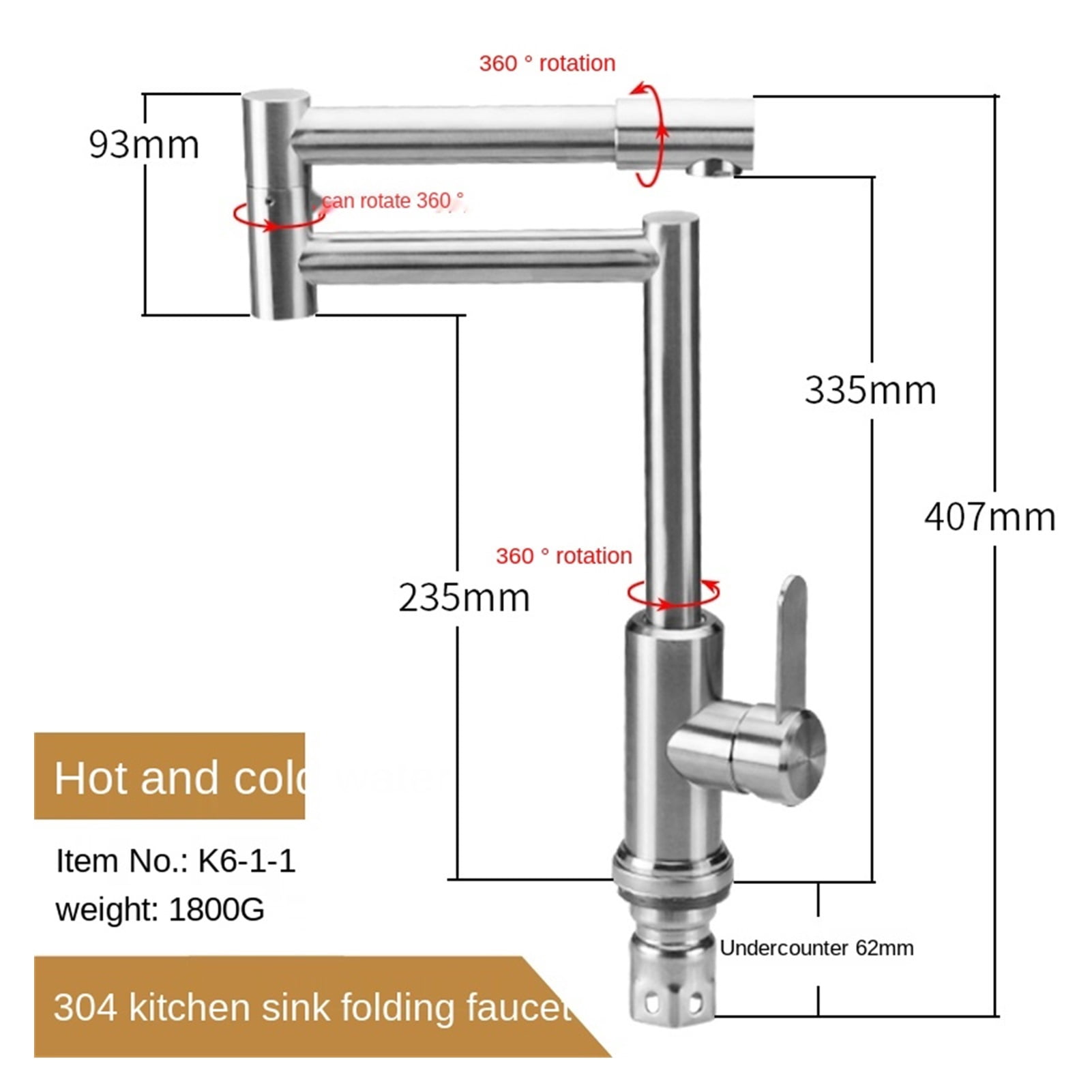 Folding Faucet 304 Stainless Steel Kitchen Faucet Sink Sink Sink Hot And Cold Water Faucet Rotatable ,360° Swivel Spout