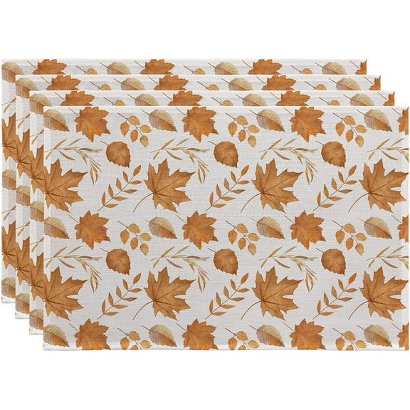 Fall Placemats Set of 4, 12 x 18 inch, Autumn Thanksgiving Brown Maple Leaves Table Mats for Holiday Party Dining Decor