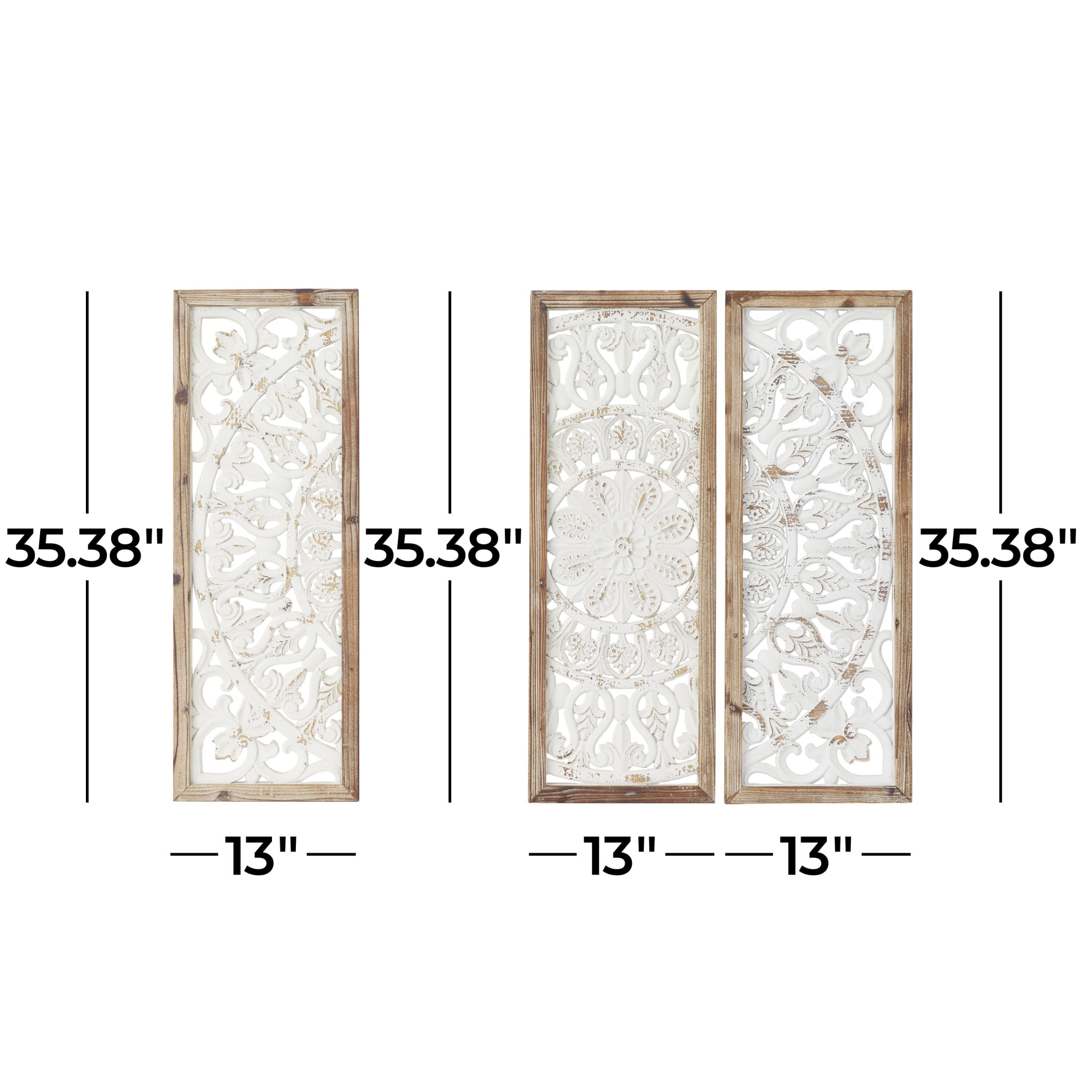 DecMode White Wood Intricately Carved Floral Wall Decor with Mandala Design (3 Count)