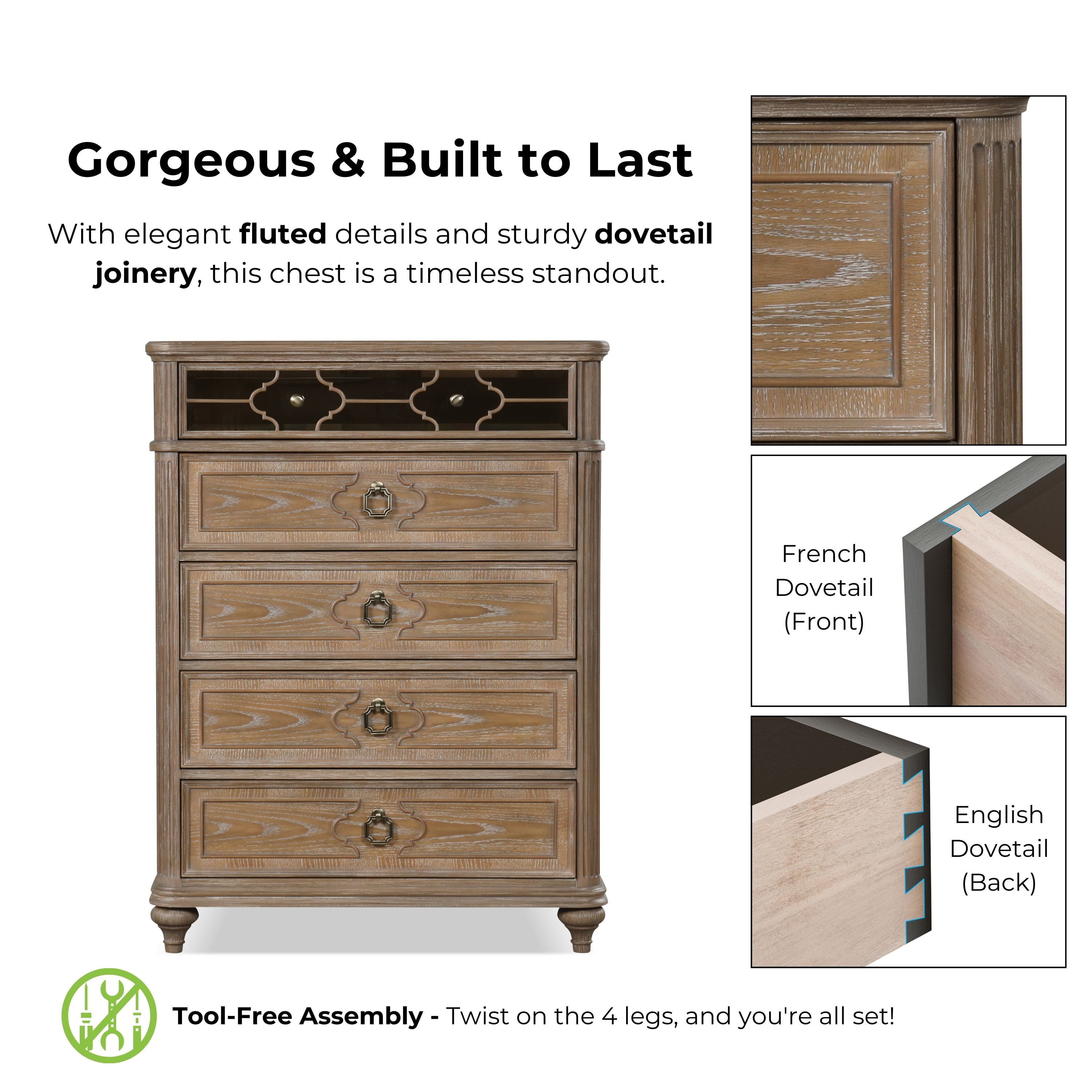 Furniture of America Jares Adult Modern 5-Drawer Solid Wood Vertical Dresser, Rustic Oak