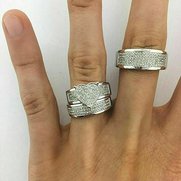 His & Her Wedding Trio Ring Set - 2.76ct Round Cut Diamond Ring Set - 925 Sterling Silver - Promise Trio Ring For Promise Size 12
