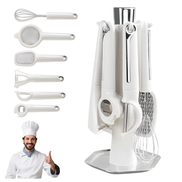 Juego de utensilios de cocina: rallador, batidor de huevos, abridor de botellas y filtro. Estante de almacenamiento multifuncional para herramientas del hogar. Marco de metal plegable de 2