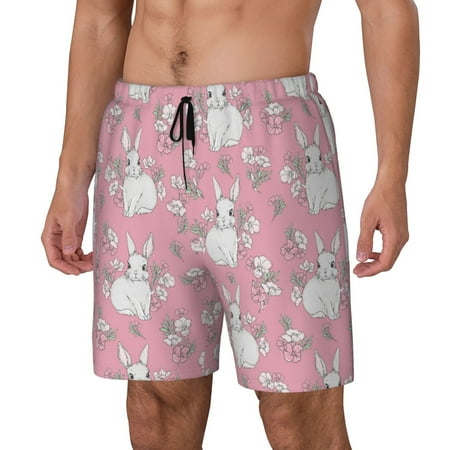 Gaeub Rabbit And Flower Print Mens Swim Trunks with Compression Liner Board Shorts Quick Dry Beach Swimwear with Pockets-XX-Large