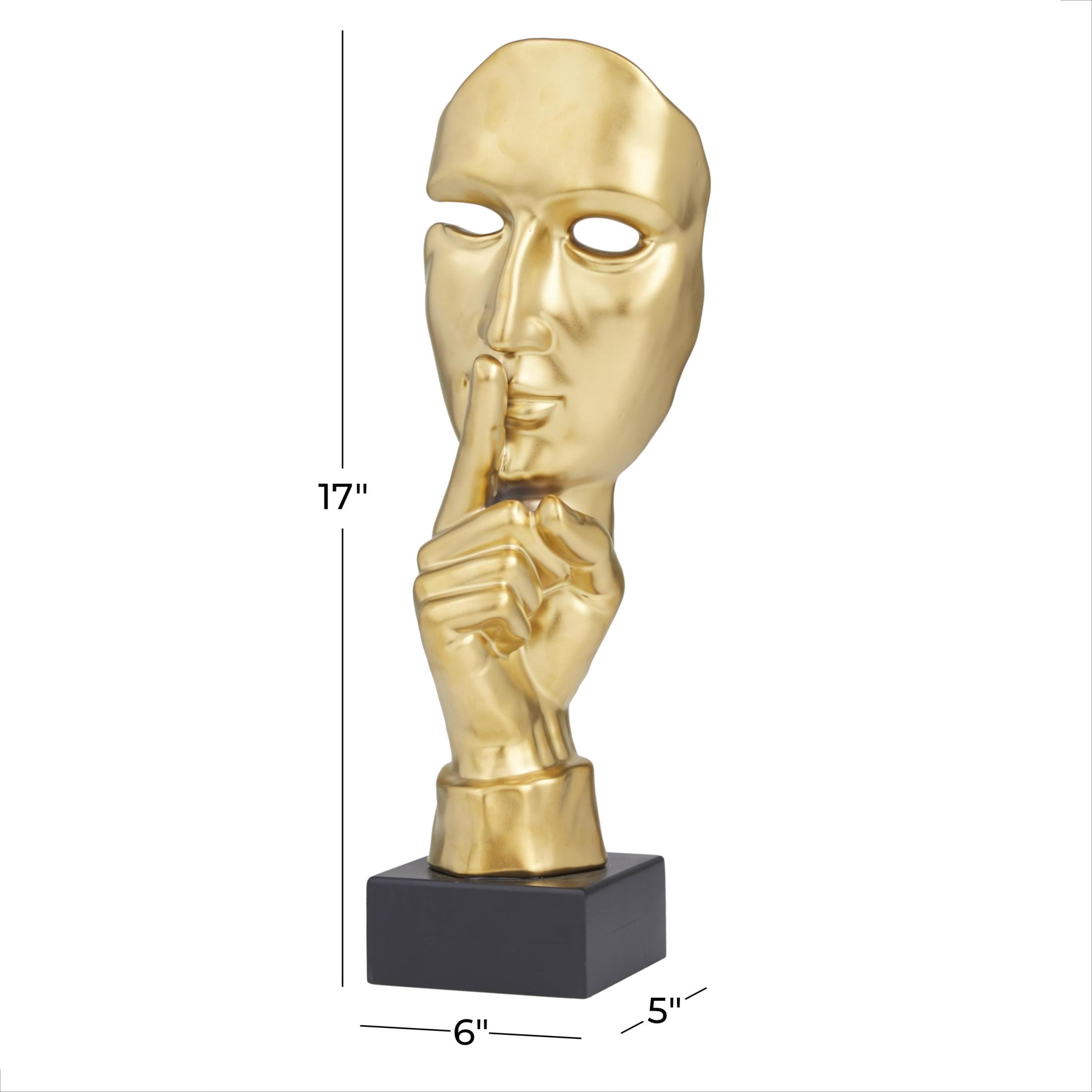 6" x 17" Gold Porcelain Ceramic Quiet Gesture Mask Sculpture, by DecMode