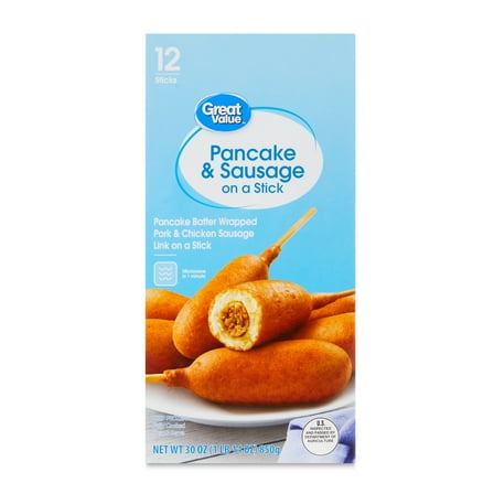 Great Value Pancake & Sausage on a Stick, 30 oz, 12 Count (Frozen). Allergens Wheat, Milk, Eggs, Soy