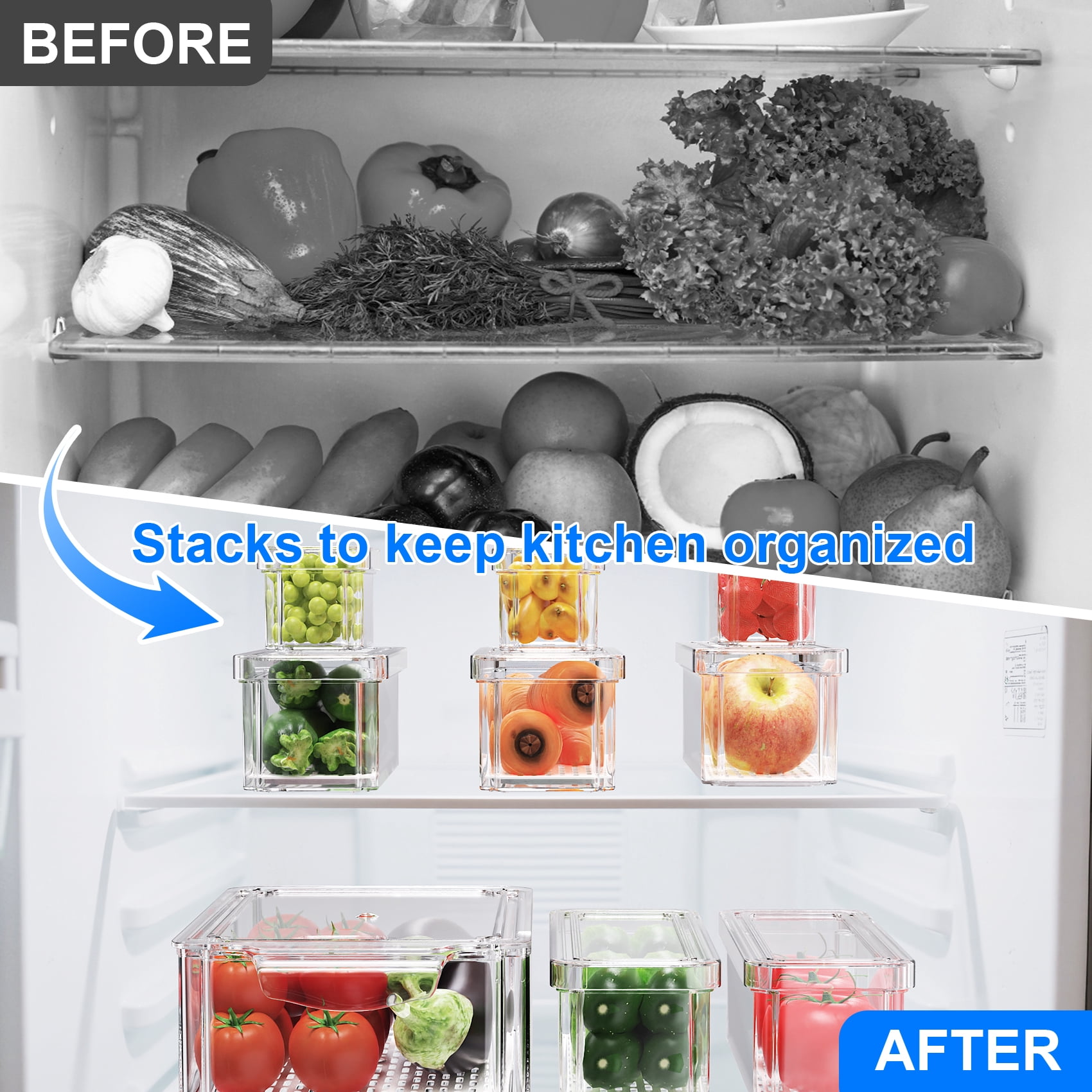 14 Pack Clear Fridge Organizers with Lids, Stackable Food Storage Containers with Drain Board, Kitchen Produce Saver for Fruit, Vegetable and Meat