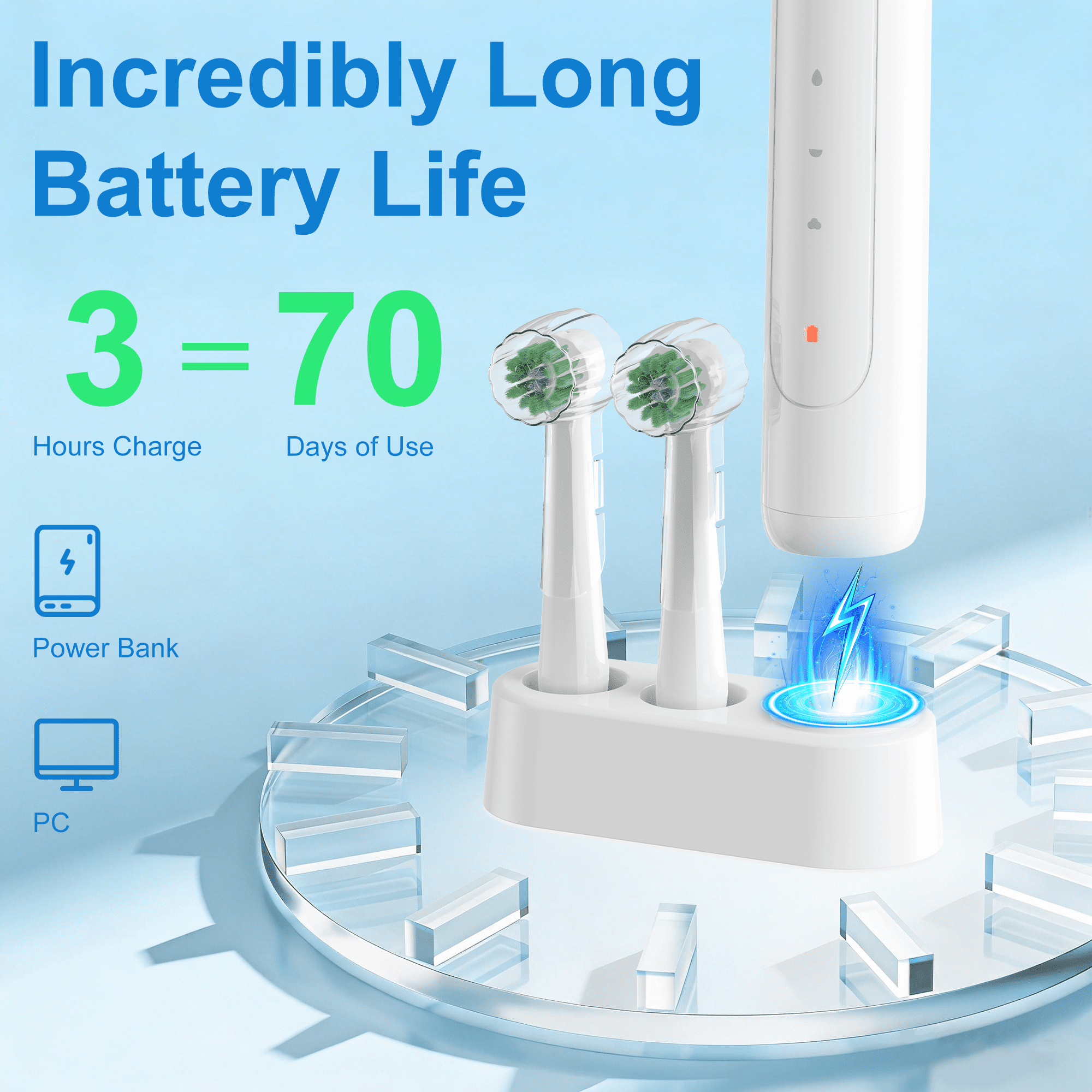 JUUTREN Electric Toothbrush for Adults, Sonic Rechargeable Toothbrush with 70-Day Battery Life, IPX8 Waterproof, Travel-Friendly, 3 Modes, 2 Brush Heads, 2-Minute Smart Timer