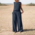 thumbnail image 2 of vigerkar Women's Summer 2 Piece Outfits Sleeveless Crop Top Capri Wide Leg Pants Jumpsuit Linen Lounge Beach Travel Sets Blue, XL, 2 of 9