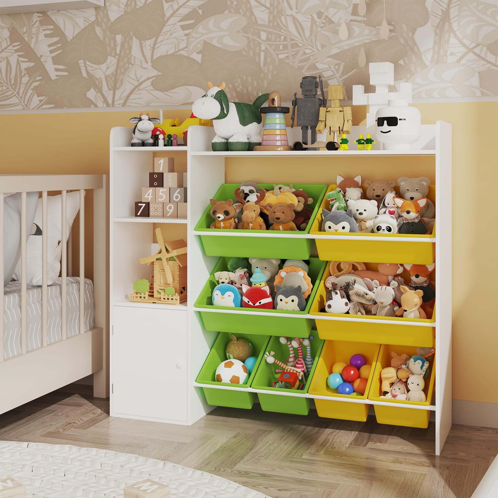 Kids Toy Storage Organize 8 Removable Bins Kid Bookshelf and Toy Storage Large Toy Box with Bookshelf for Bedroom, Kids Room, Classroom, Nursery