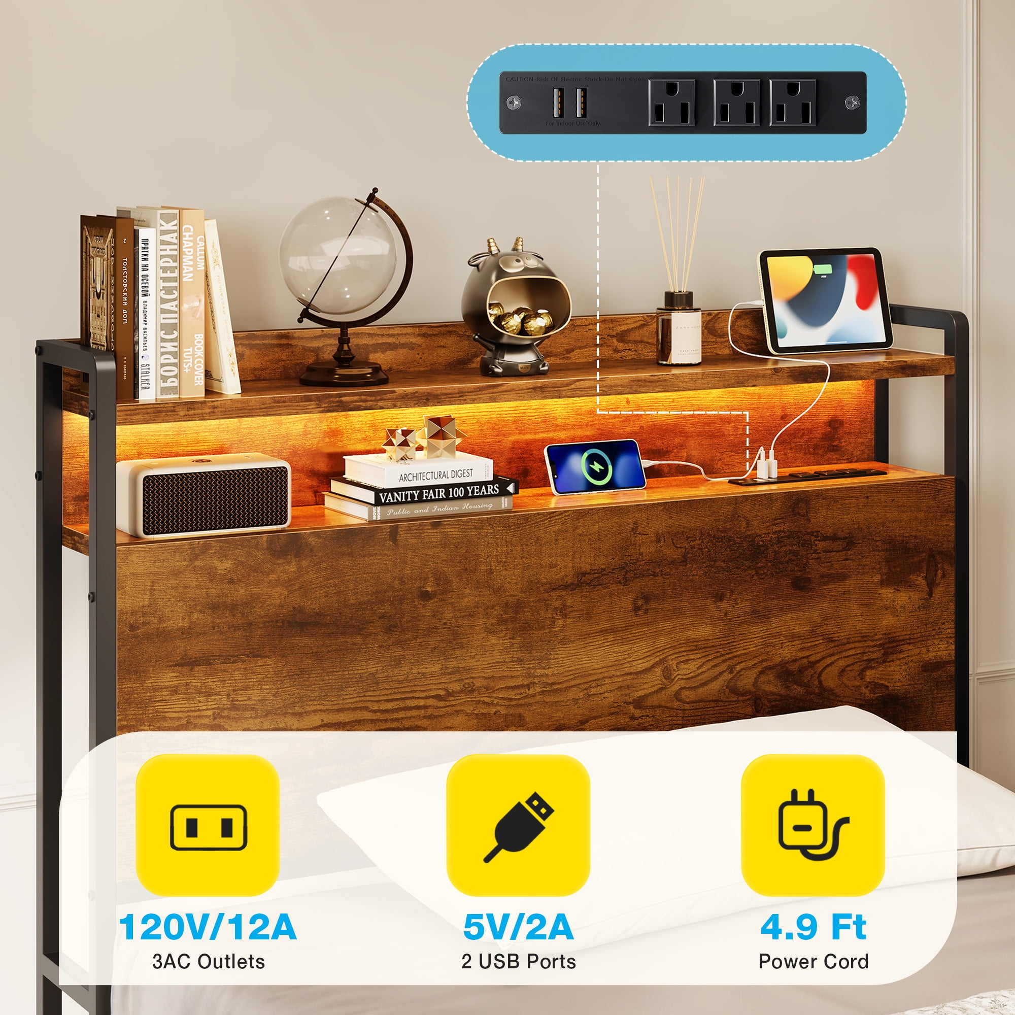 Casacomoda Twin Size Bed Frame with Storage Headboard, Metal Platform Bed Frame with Storage Drawer, Bed Frame with Charging Station & LED Light, No Box Spring Needed, Vintage and Black