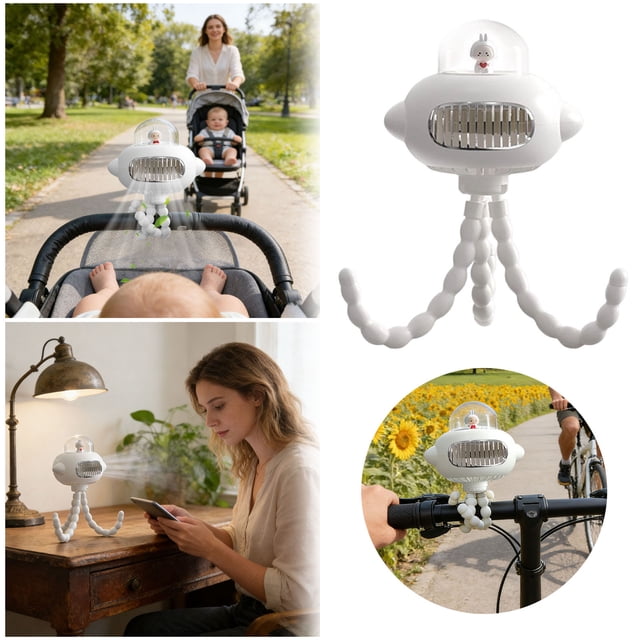BotaniNest Small Stroller Bladeless Fan Portable Desktop Fan USB Rechargeable Handheld Fan Silent Cute Personal On Fan With 3 Speeds & Night Light For Baby Student Dormitory