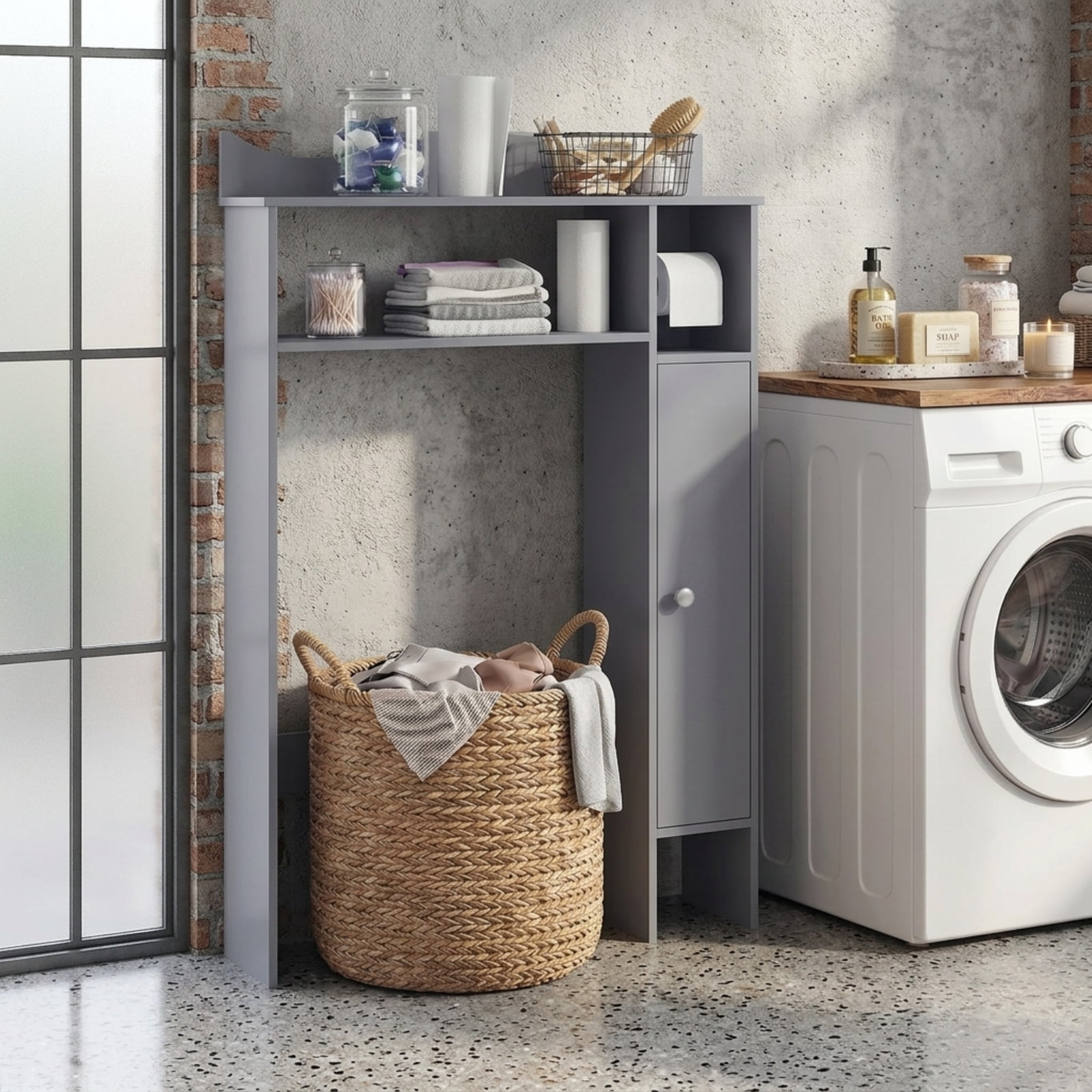 Vebreda Over the Toilet Storage Cabinet with Toilet Paper Holder and Removable Shelves for Bathroom Space Saving Organizer, Gray