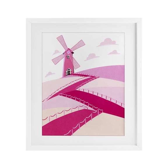Stupell Industries Transitional Pink Hills and Windmill White Framed Print Under Glass, 13 x 16, by Ziwei Li