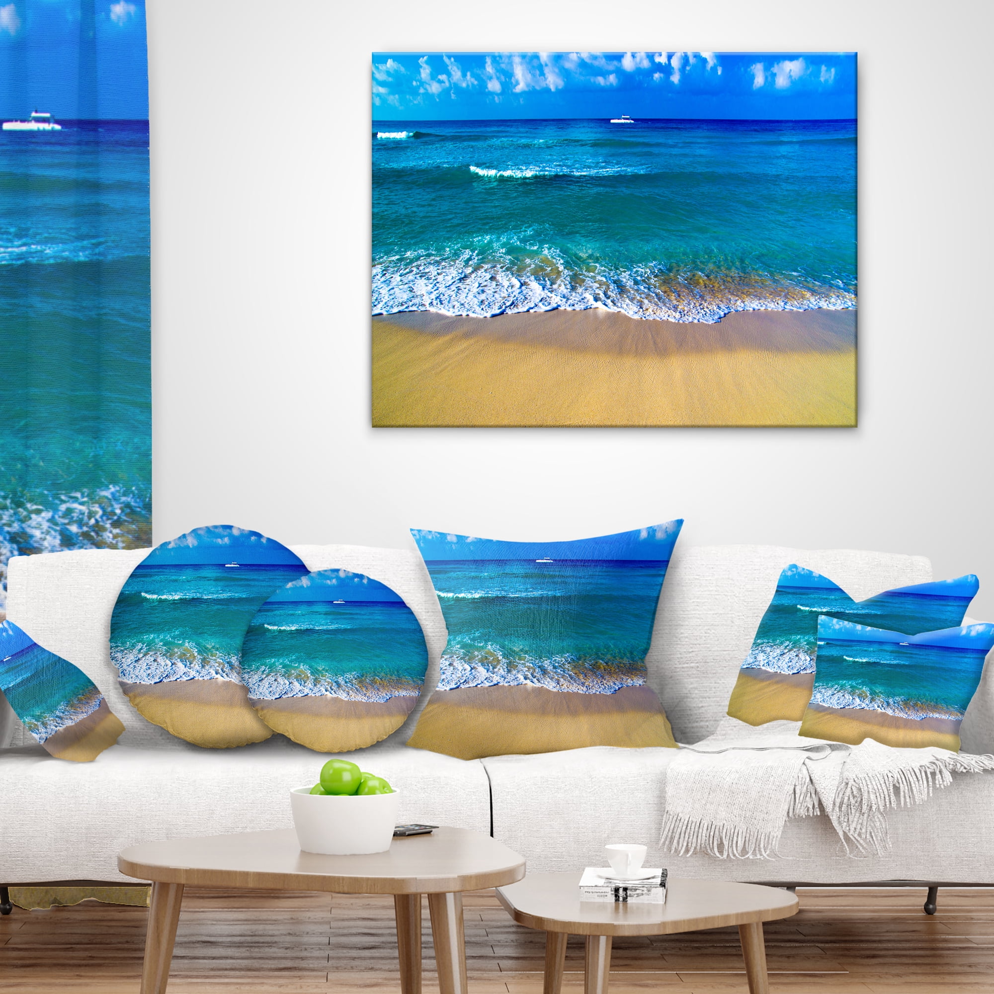 Designart Floating Blue Waves Beach - Seashore Throw Pillow - 16x16