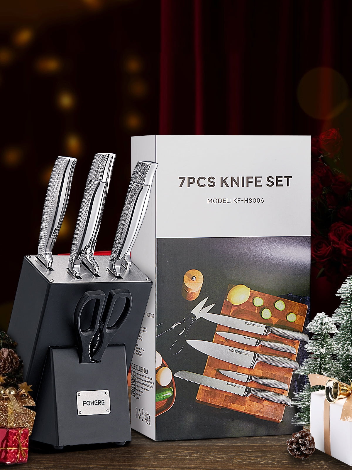 FOHERE 7-Piece Kitchen Knife Set with Sharpener, Unique Waved Pattern & Stainless Steel Handle