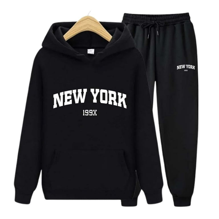Graphic Tracksuits for Women New York Letter Print Hooded Pullover and Sweatpants 2 Piece Oversized Fashion Workout Sets