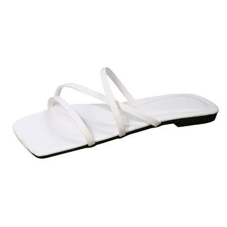 

SEMIMAY Ladies Fashion Solid Color Leather Open Toe Square Toe Flat Beach Slippers