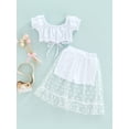 thumbnail image 4 of LMLYSoH Girl's Two-Piece Suit, Toddler Kid Girl Ruffle Trim Drawstring Pleated Short Sleeve Tops + Patchwork Mesh Shorts, 4 of 9