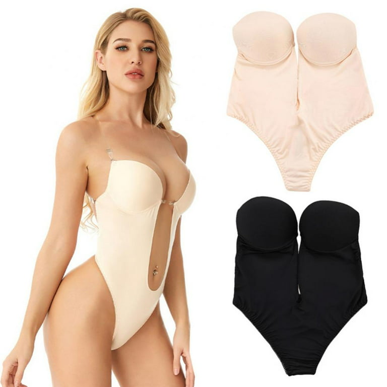 Defitshape Women's Backless Body Shapewear Seamless Faja Deep V Neck  Bodysuit U Plunge Bodysuit Bridal Thong Shaper Open Crotch White 36 fit  36C/36D