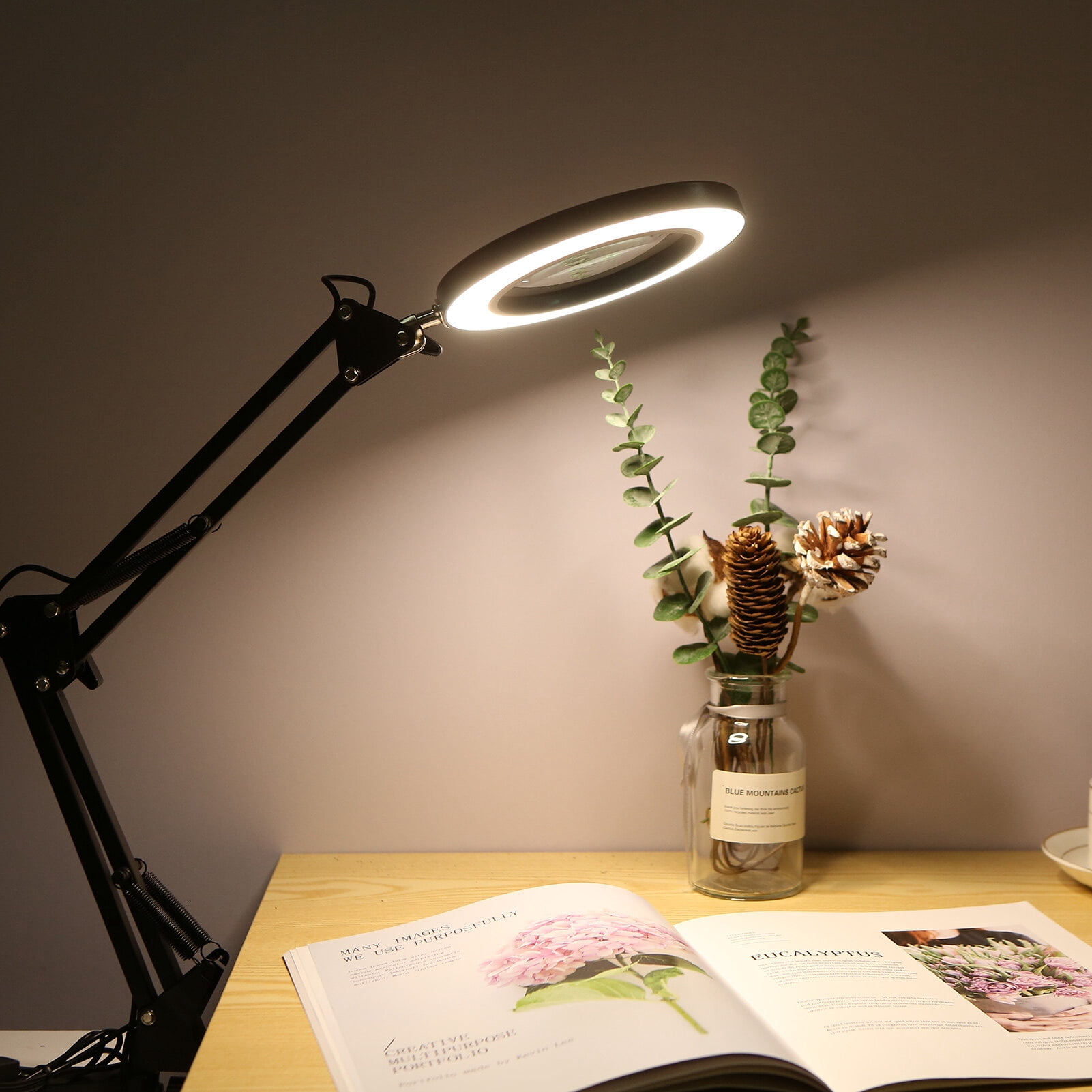 Neoglint Flexible Clamp-on Table Lamp with 8x Magnifier Swing Arm Dimmable LEDs Desk Light 3 Color Modes & 10 Brightness Levels Reading Working Studying Light