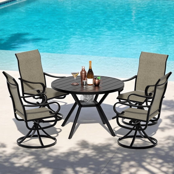 Zidtia 5 Piece Patio Dining Set for 4, 42” Round Metal Table with Umbrella Hole & 4 Swivel Chairs, All Weather Outdoor Patio Furniture Set