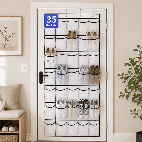 35 Pockets Over the Door Shoe Organizer, Hanging Shoe Organizer for Door with 35 Mesh Pockets Large Capacity Shoe Hanging Storage Bag with 4 Metal Hooks (White-1Pack)