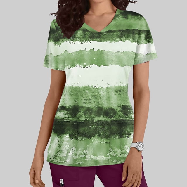 Puntoco Liquidación de blusas cortas para mujer, moda informal para mujer, cuello en V, estampado, manga corta, bolsillo, vestido de enfermera