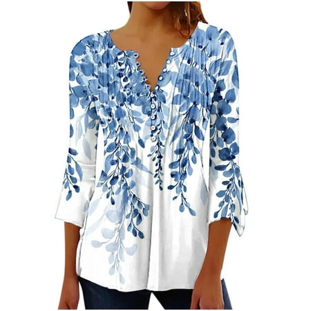 

Viikei Womens Plus Size Clearance $5 Womens Tops 3/4 Sleeve Women s Casual Trumpet 3/4 Sleeve Printed Buttoned Basic Ruched Corset Tunic Tops Pleated T-Shirts Blouses
