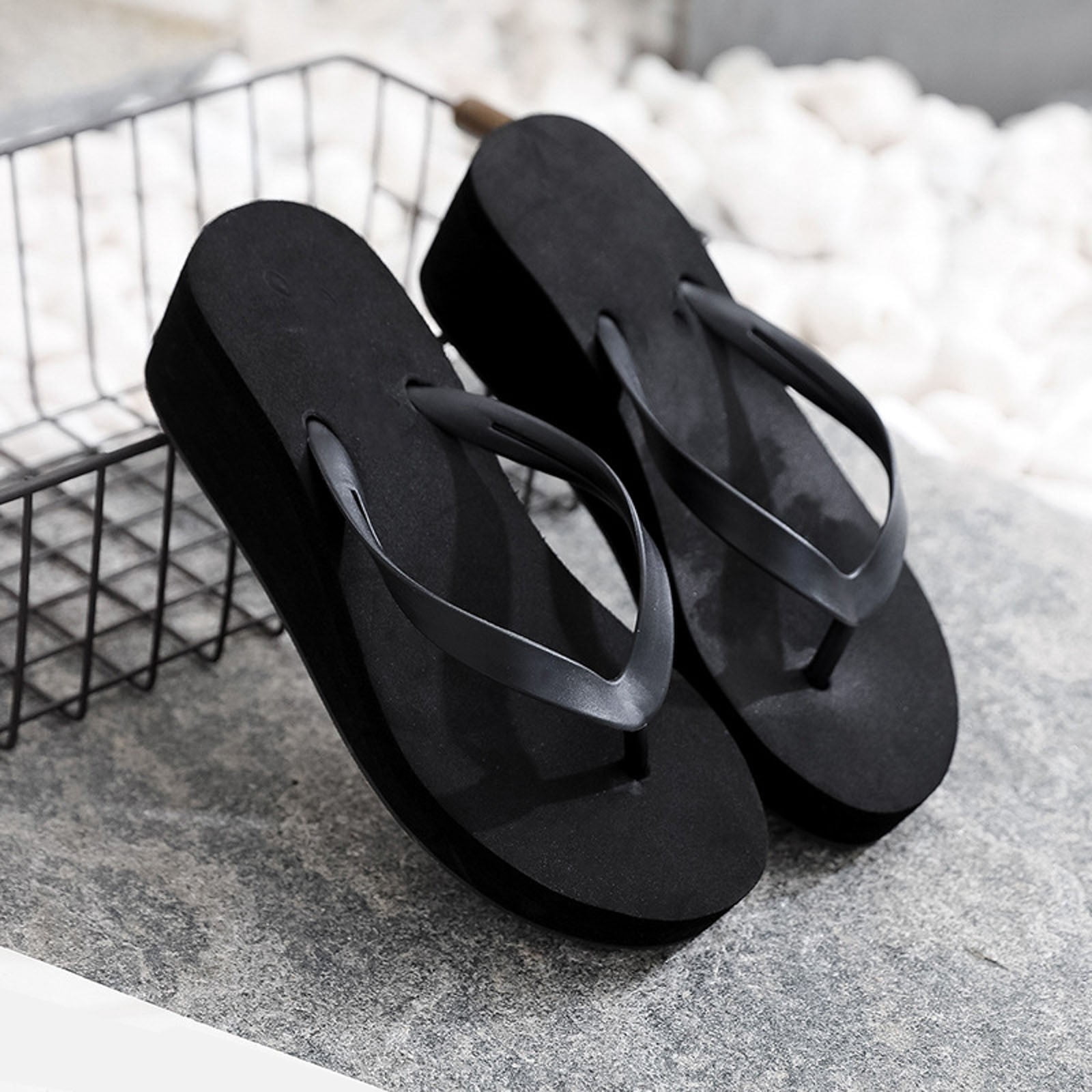 BRICH Wedge Flip Flops for Women Beach Shoes Heighten Wedges Platform Bohemian Slippers Clip Toe Sandals Black 6.5